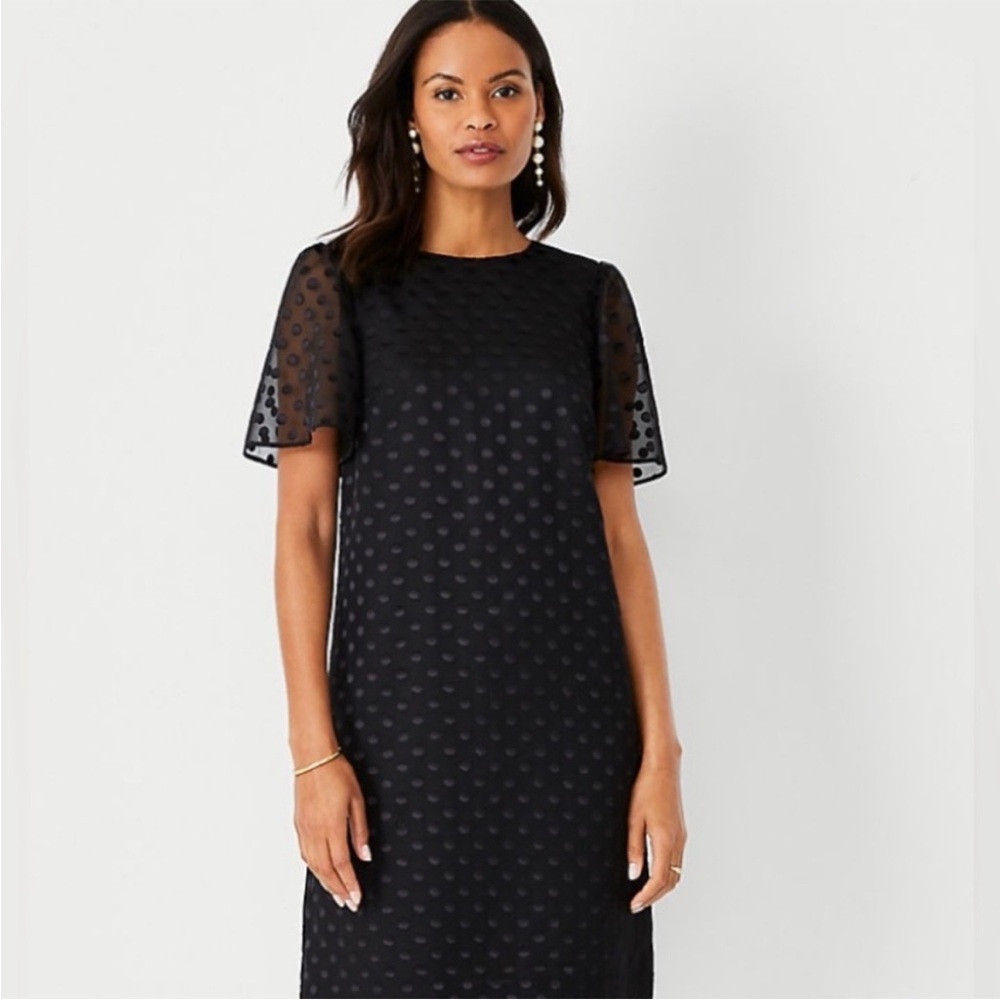 Ann Taylor Black Flutter Sleeve Swiss Dot Shift Dress, Size 6 - NWT